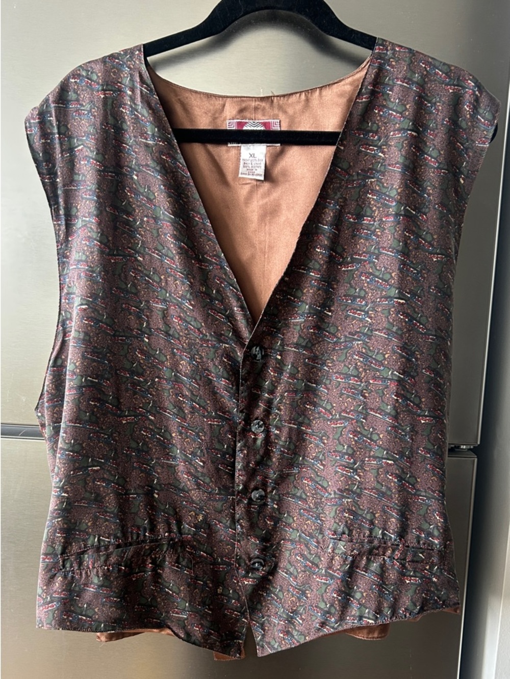 Vintage Chamarre Silk Vest Brown Patterned Button Front Size XL